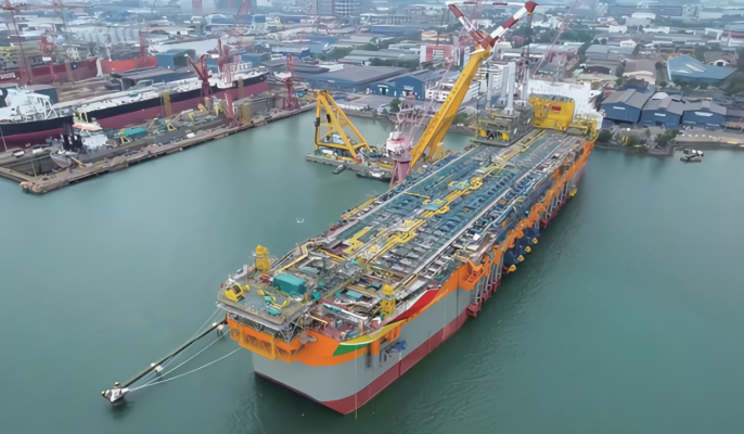 An FPSO hull at the fitting-out quay