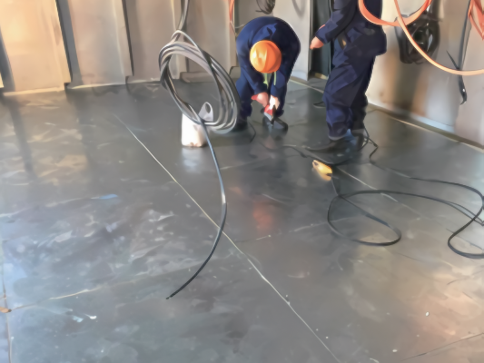 Deck covering going down over prepared steel