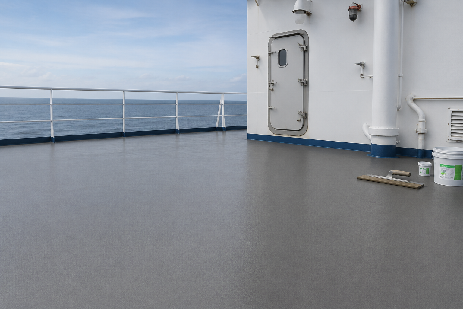 Self-Levelling Screed Underlay installation on marine deck plating