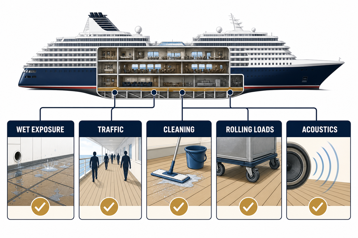 Five service-condition families shape a passenger-vessel flooring brief before material selection.