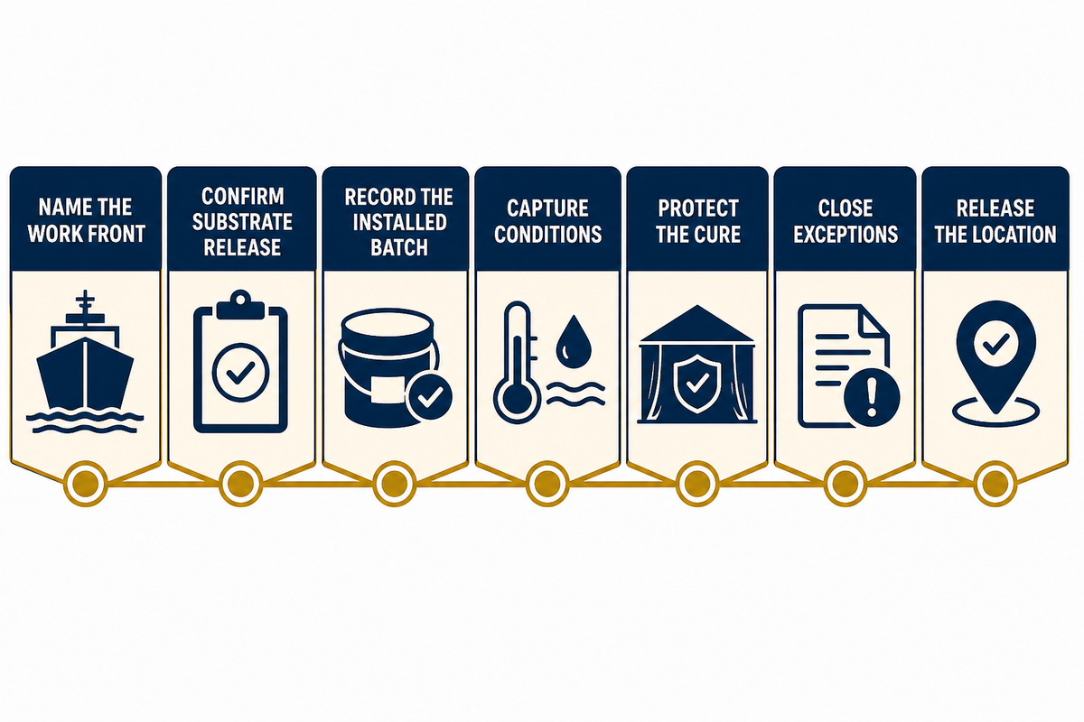 Seven traceability steps connect each installed work front to its inputs, exceptions, and release.