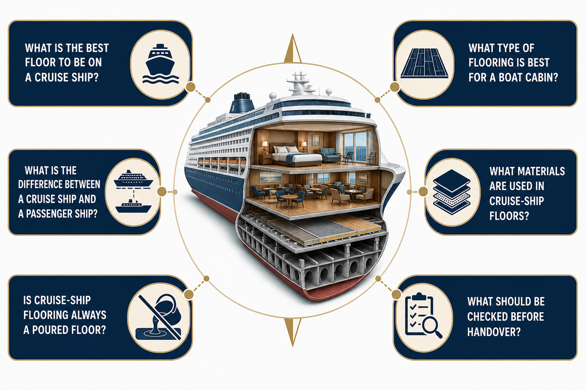 Six passenger-vessel flooring questions route readers to space, assembly, applicability, and handover evidence.
