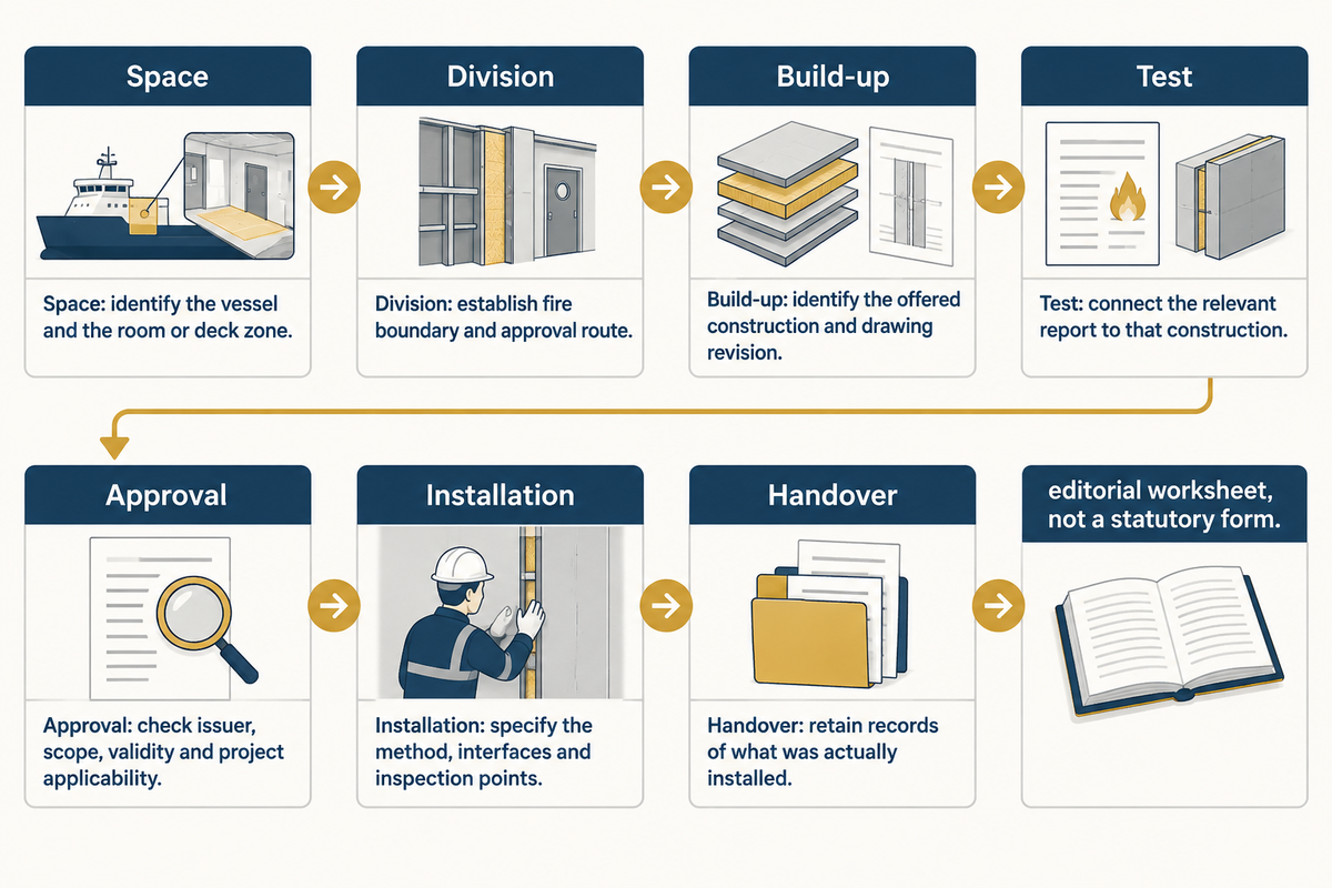 Seven editorial links connect vessel space, division, build-up, test, approval, installation and handover.