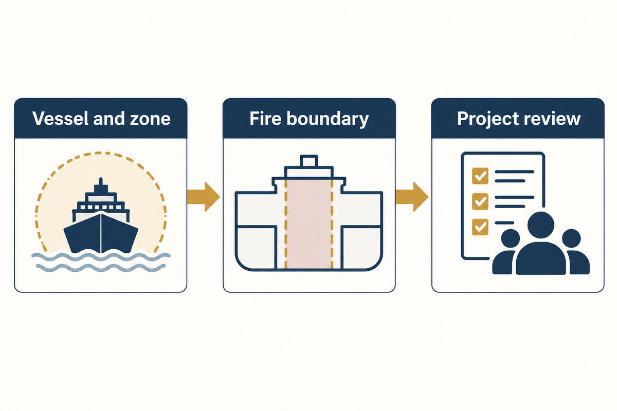 Identify the vessel zone and fire boundary before comparing assembly approval with a surface-finish requirement.