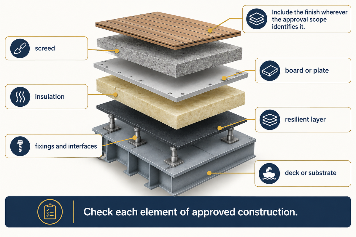 Check layer identity, fixings and interfaces against permitted construction; schematic does not define an approved build-up.