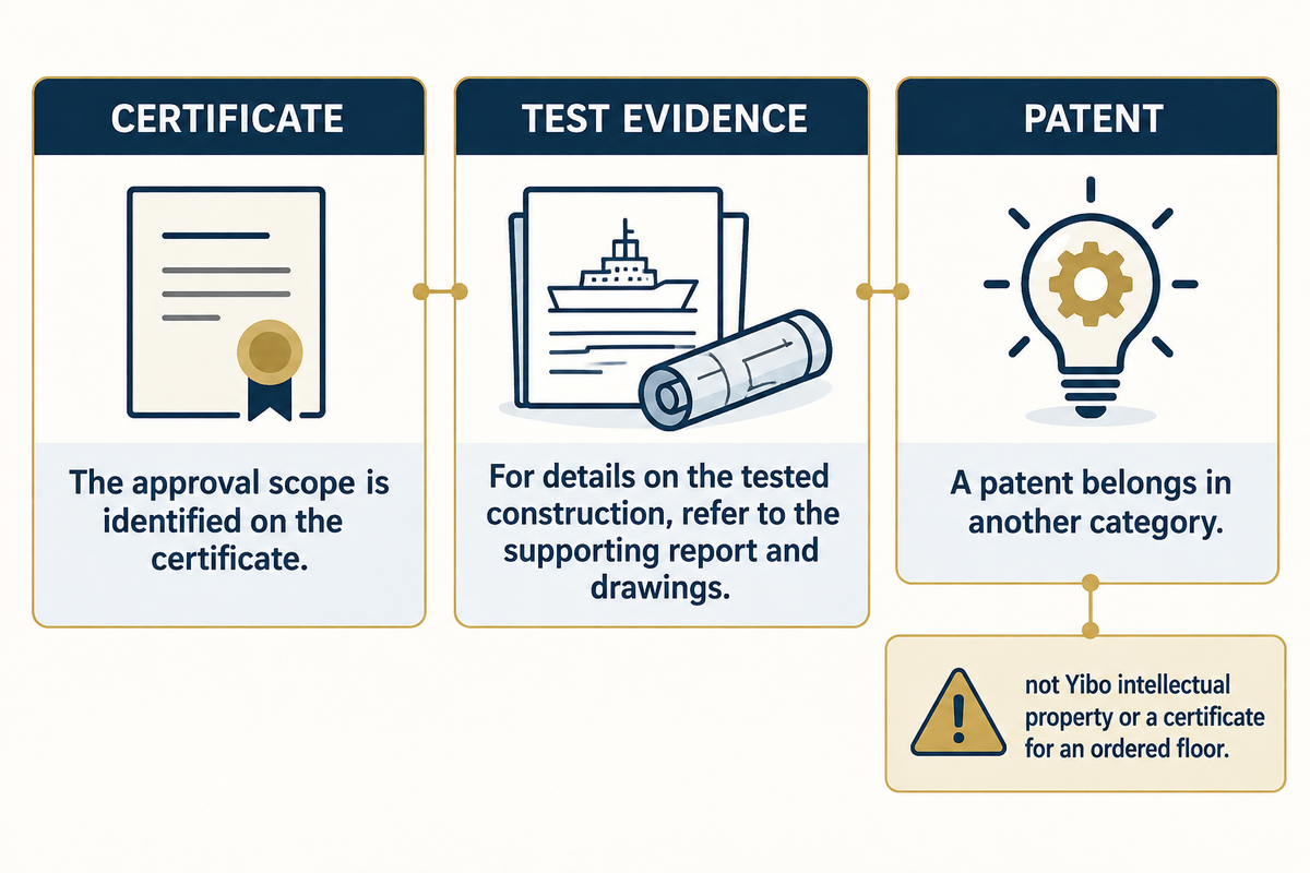Certificate scope, tested-construction records and patent background serve different purposes; Sika patent is not Yibo approval.