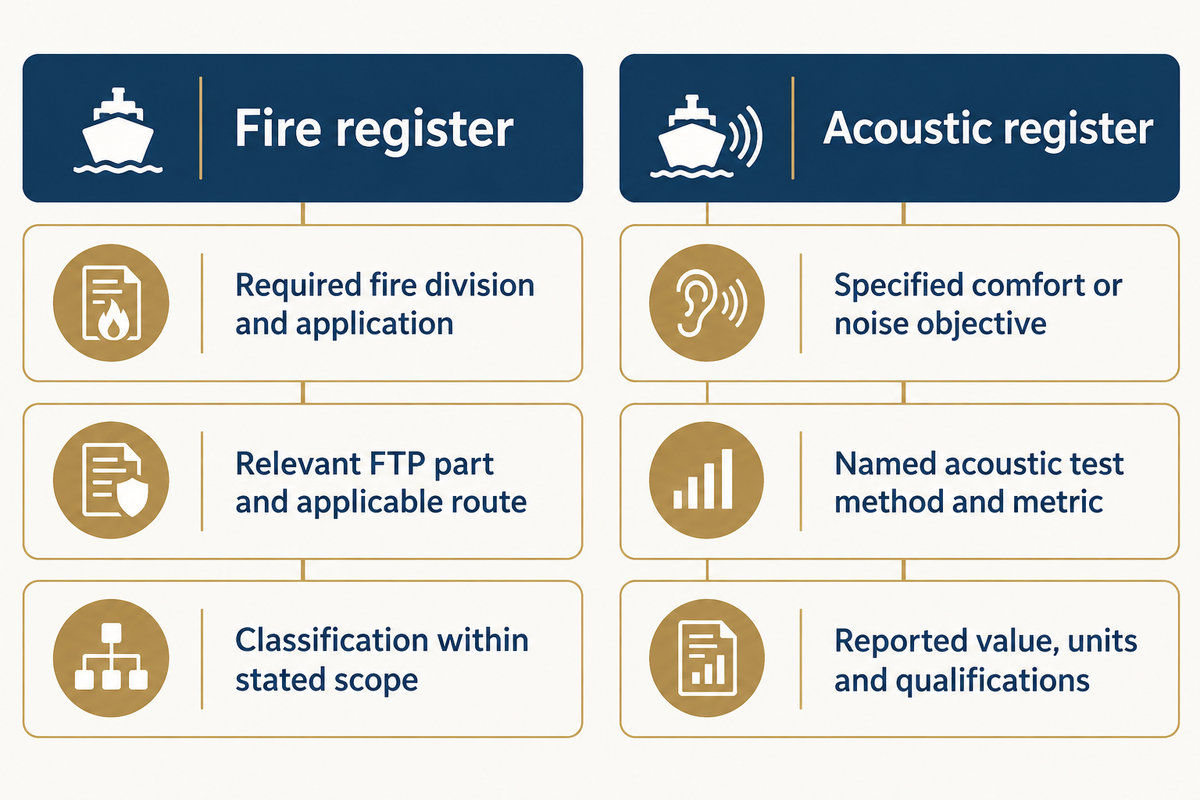 Fire and acoustic evidence need separate methods, specimens and results; no acoustic rating establishes A-60 classification.