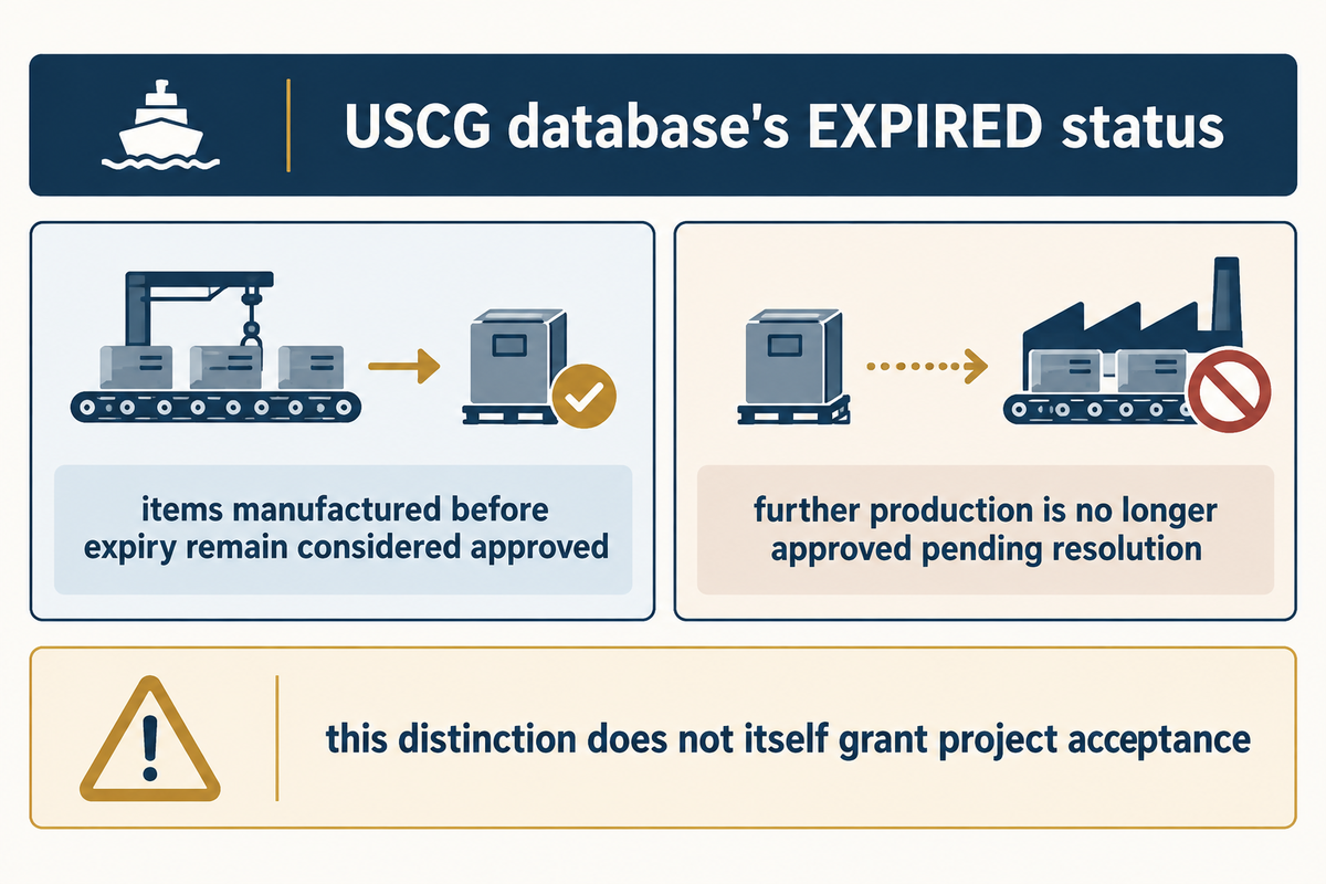USCG EXPIRED status distinguishes future production from earlier manufacture; it does not grant project acceptance.