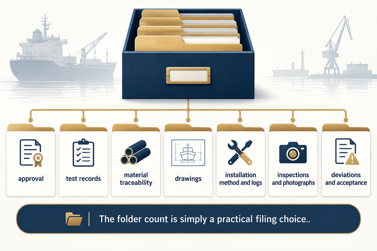 Seven suggested handover folders organize approval, tests, traceability, drawings, installation, inspections and deviations.