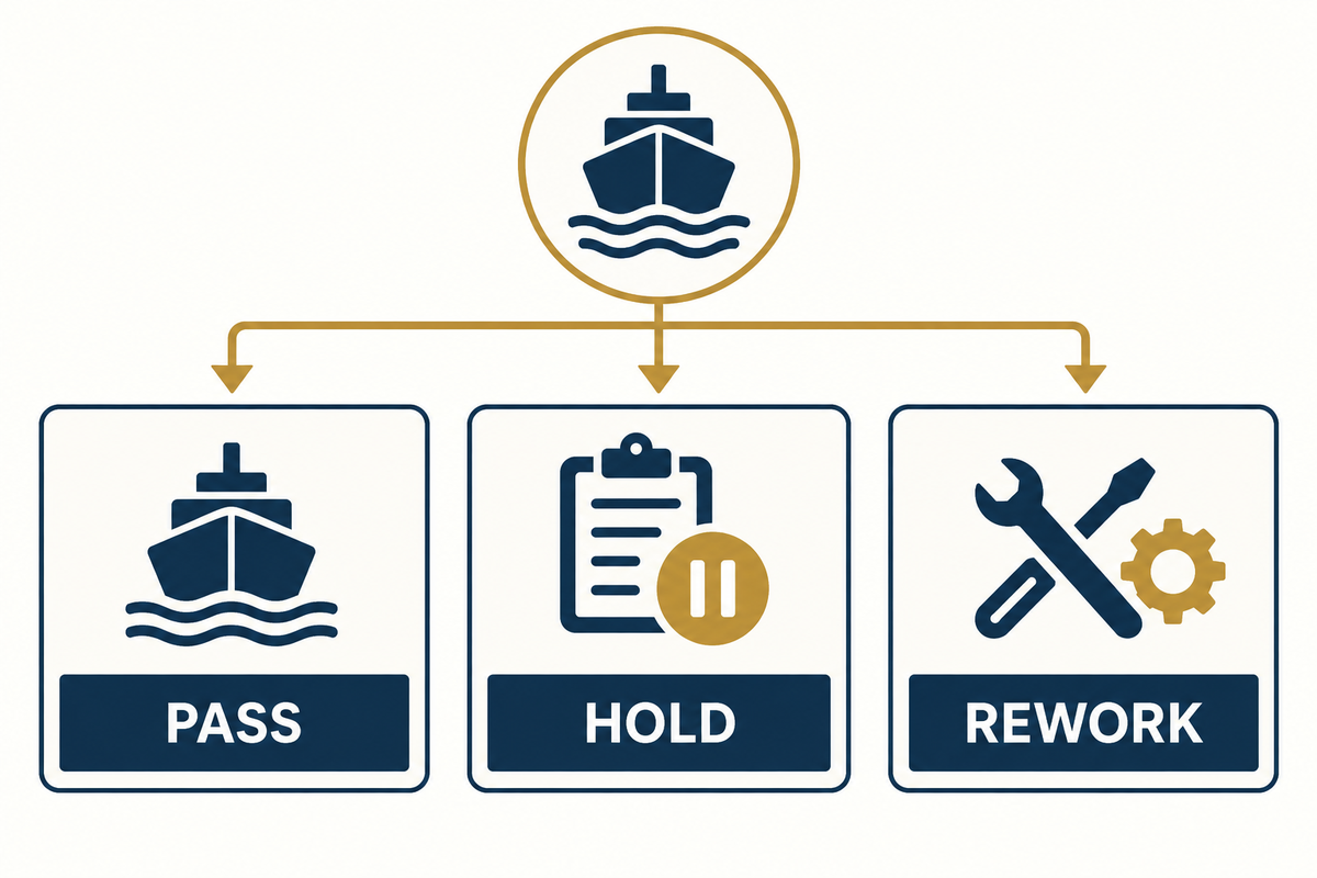 PASS, HOLD and REWORK are internal purchasing statuses; authorized project acceptance remains separate.