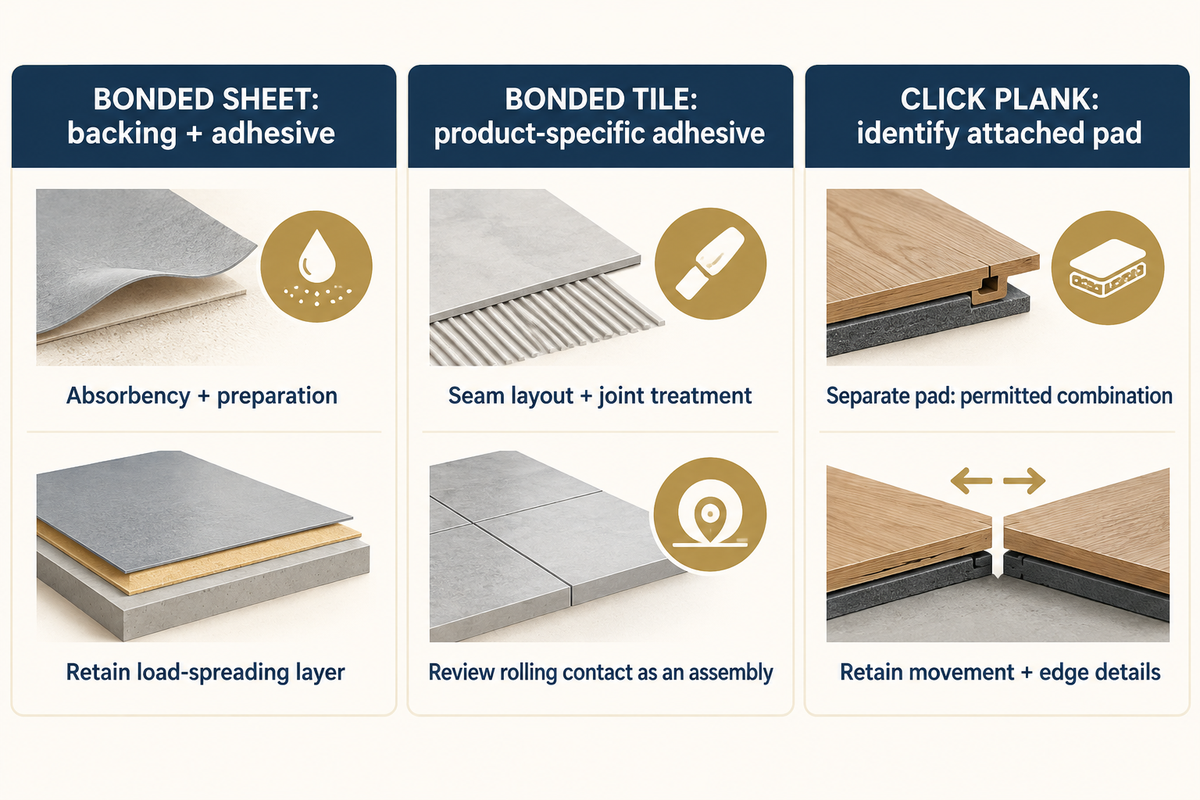 Three vinyl attachment routes require different bond, seam, rolling-load and support checks; see the Pad-to-Deck Fit Matrix.