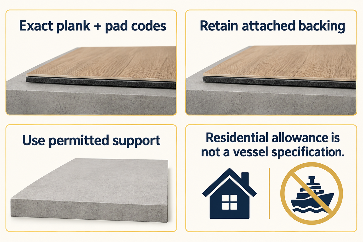 Keep plank and pad codes together and use the flooring maker's permitted support; do not transfer residential allowances to ships.