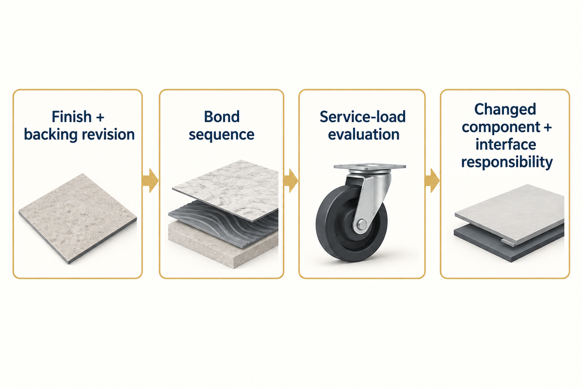 Material substitution requires finish and backing revisions, bond sequence, service-load evaluation and retained test construction.