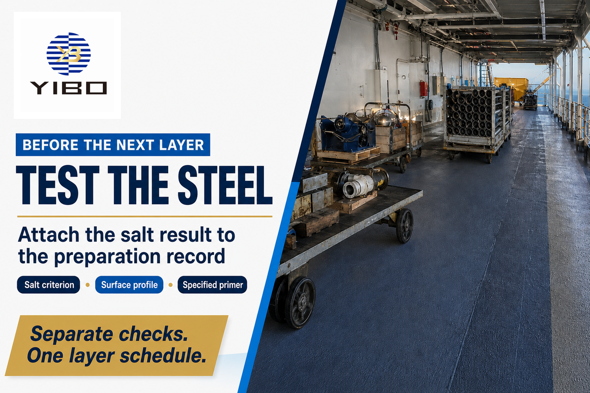 Ship-deck preparation record links steel salt testing to the specified primer and covering sequence.