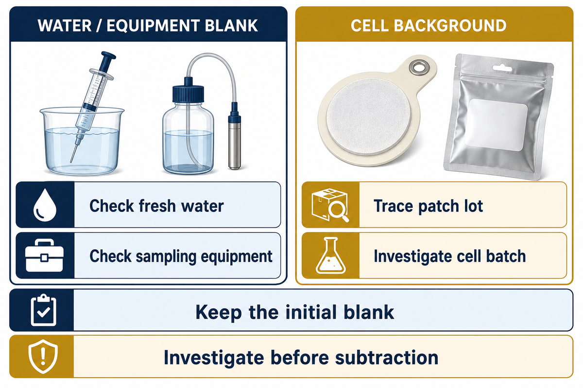 Water and equipment blanks require different checks from a contaminated patch-cell background.