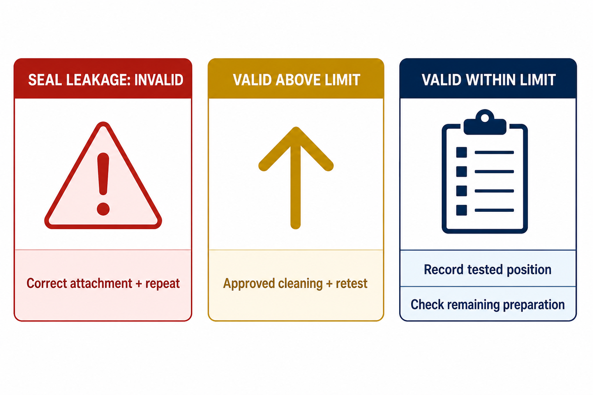 Three independent salt-test outcomes: repeat an invalid extraction, clean above-limit steel, or record a valid result.