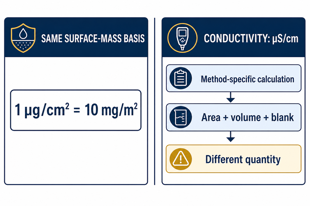 One microgram per square centimetre equals ten milligrams per square metre; conductivity needs more inputs.