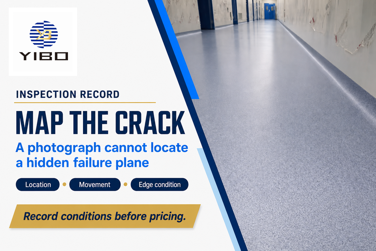 Record location, movement and edge condition before pricing a crack repair; representative Yibo floor.