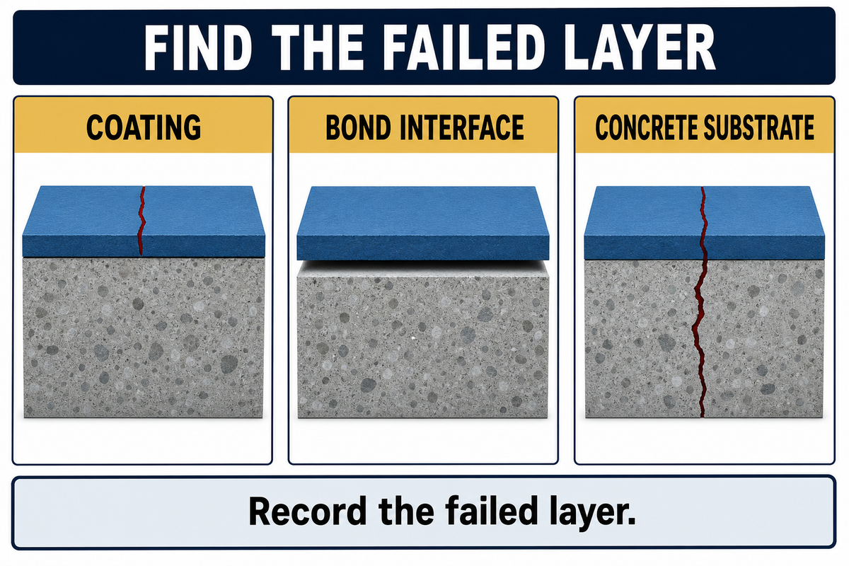 Distinguish coating, bond-interface and concrete failures; record the failure mode alongside test results.