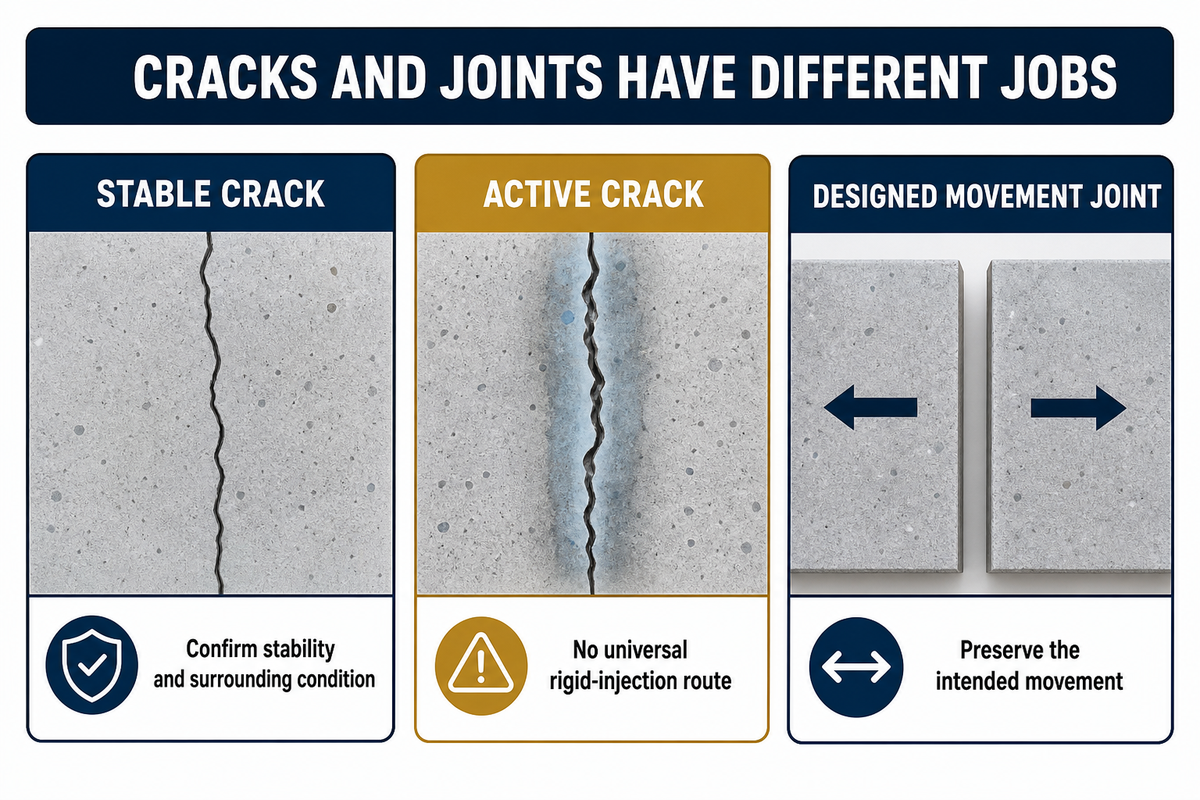Confirm a crack’s stability and preserve a designed joint’s movement; rigid injection is not a universal route.