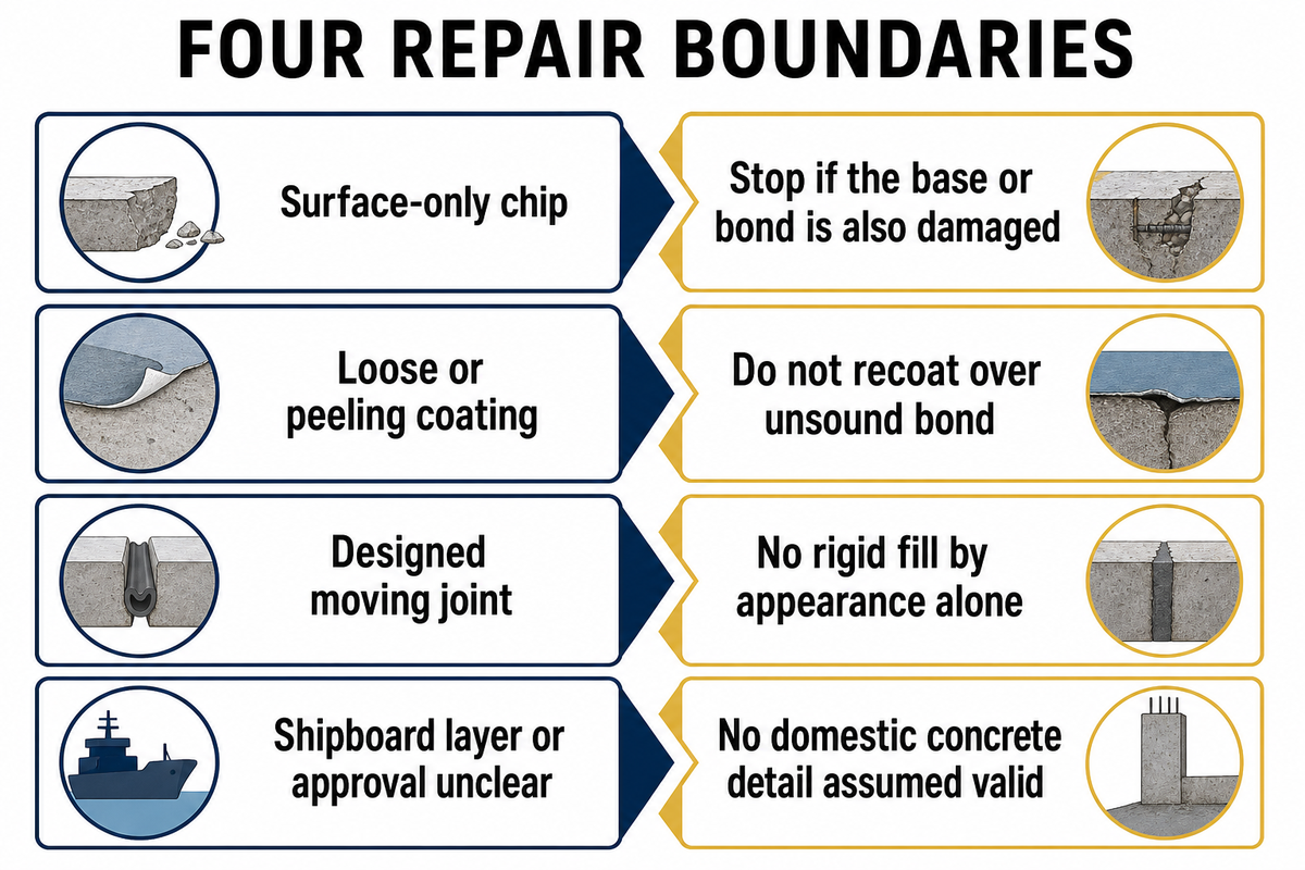 Four selected diagnosis-map conditions show limits on local finish repair, recoating, joints and shipboard assumptions.