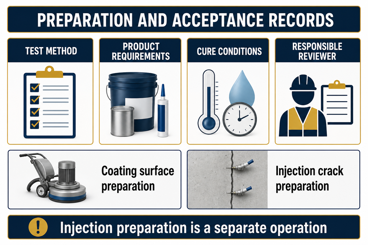 Match moisture testing, product requirements, cure conditions and acceptance responsibility to the actual repair.