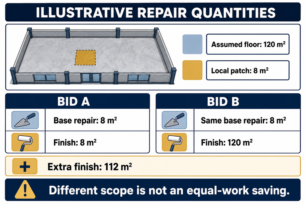Both assumed bids repair an 8 m² base patch; finish areas differ by 112 m², so prices cannot prove equal-work savings.