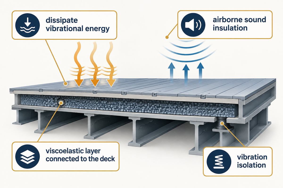 A damping layer dissipates deck vibration while airborne insulation and vibration isolation answer different control questions.