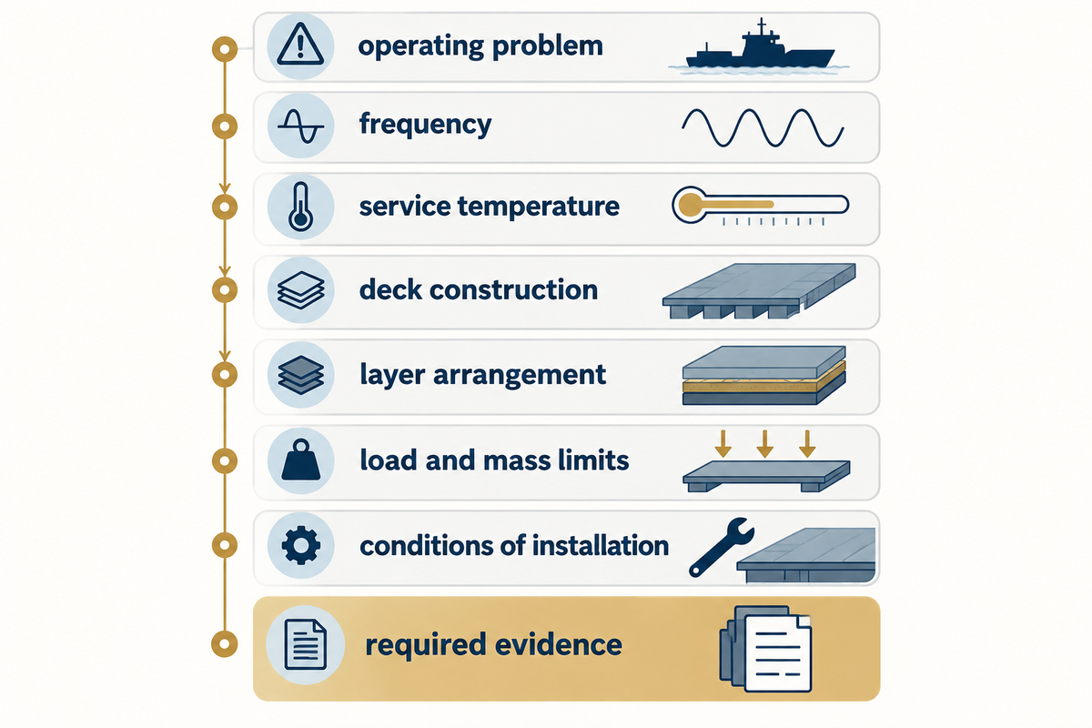 The Marine Damping Input Ladder turns operating, assembly, limit and evidence inputs into a workable floor selection brief.