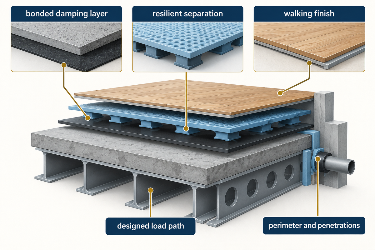 Bonded damping, resilient separation and a walking finish are different mechanisms that need different checks.