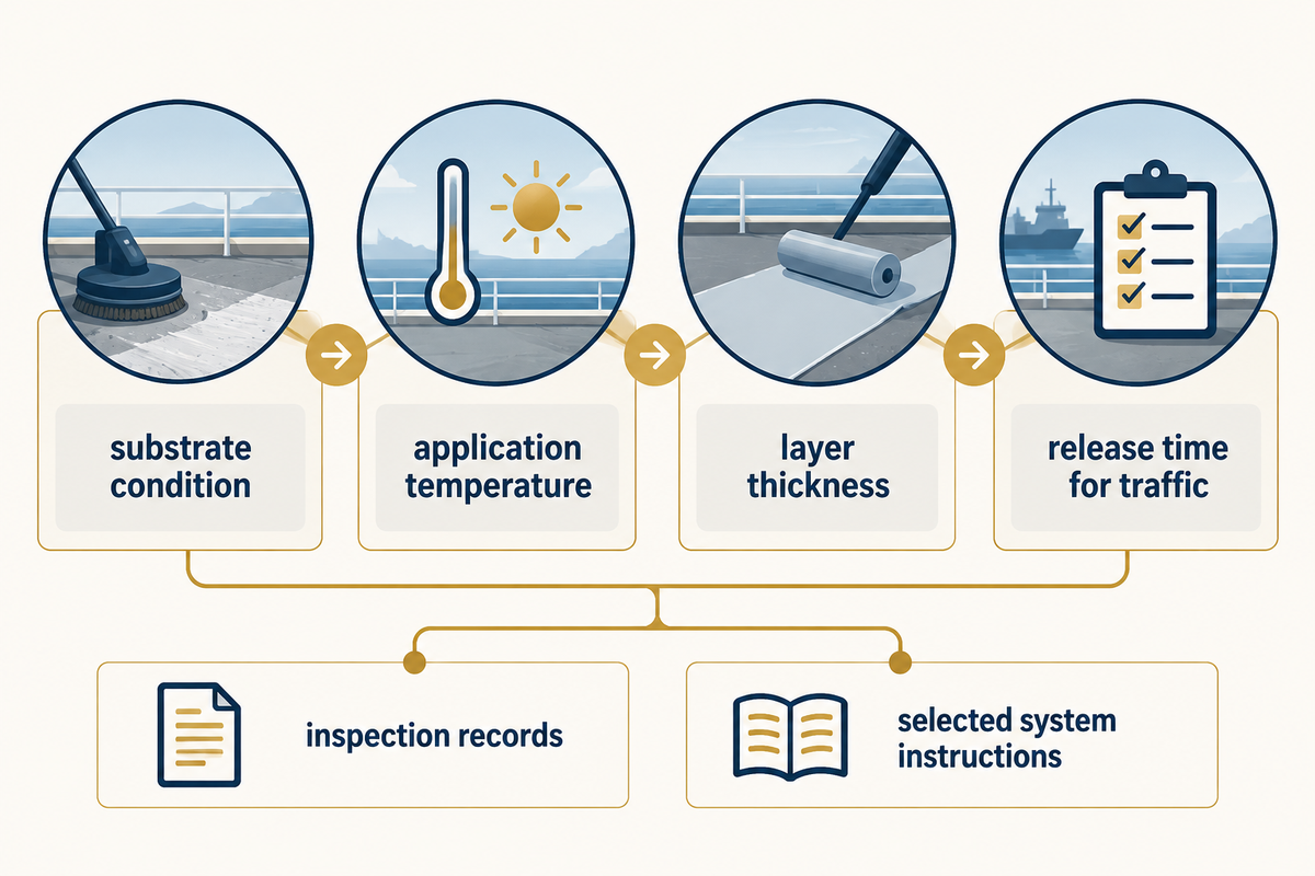 Plan marine damping floor installation around substrate, temperature, thickness, traffic release and inspection controls.