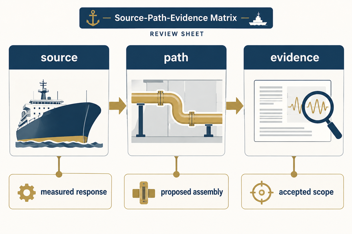 The Source-Path-Evidence Matrix compares a marine-floor proposal with the problem and proof it addresses.