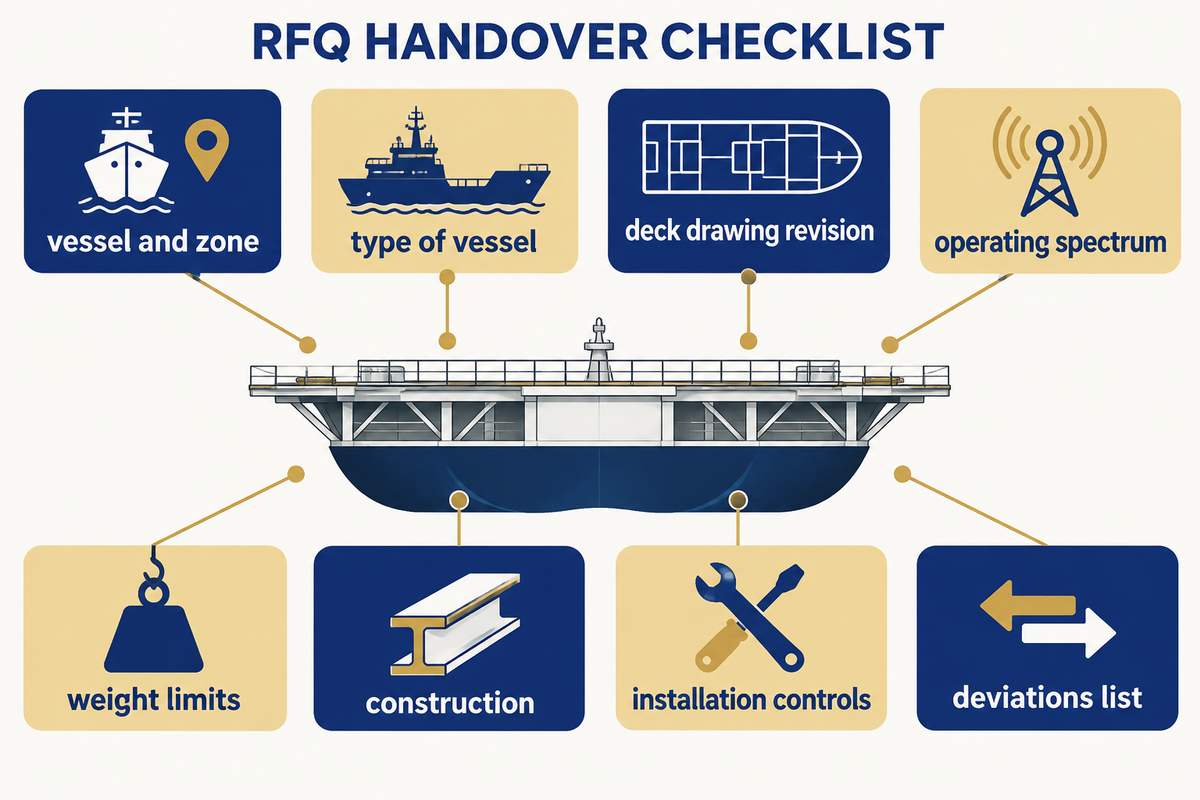An RFQ handover package gives the vendor the vessel zone, drawing, operating spectrum, limits and evidence return requirements.