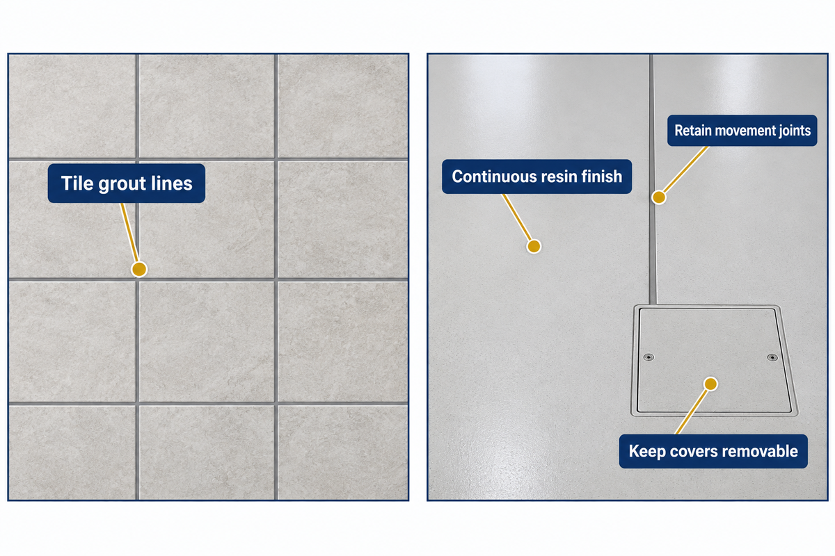 Seamless resin removes tile grout lines; designed joints and removable covers remain, per Flowcrete.