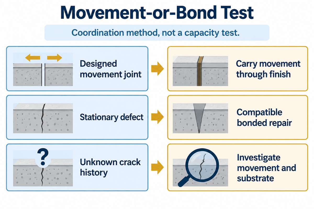 Different actions for moving joints, stationary defects and unknown cracks; Sherwin-Williams guidance.