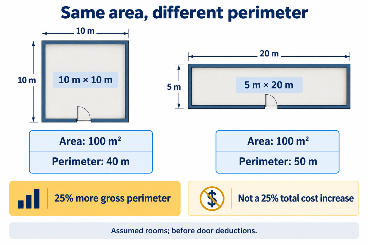 Assumed 100 m² rooms: 40 m versus 50 m perimeter. 25% more perimeter does not mean 25% more cost.