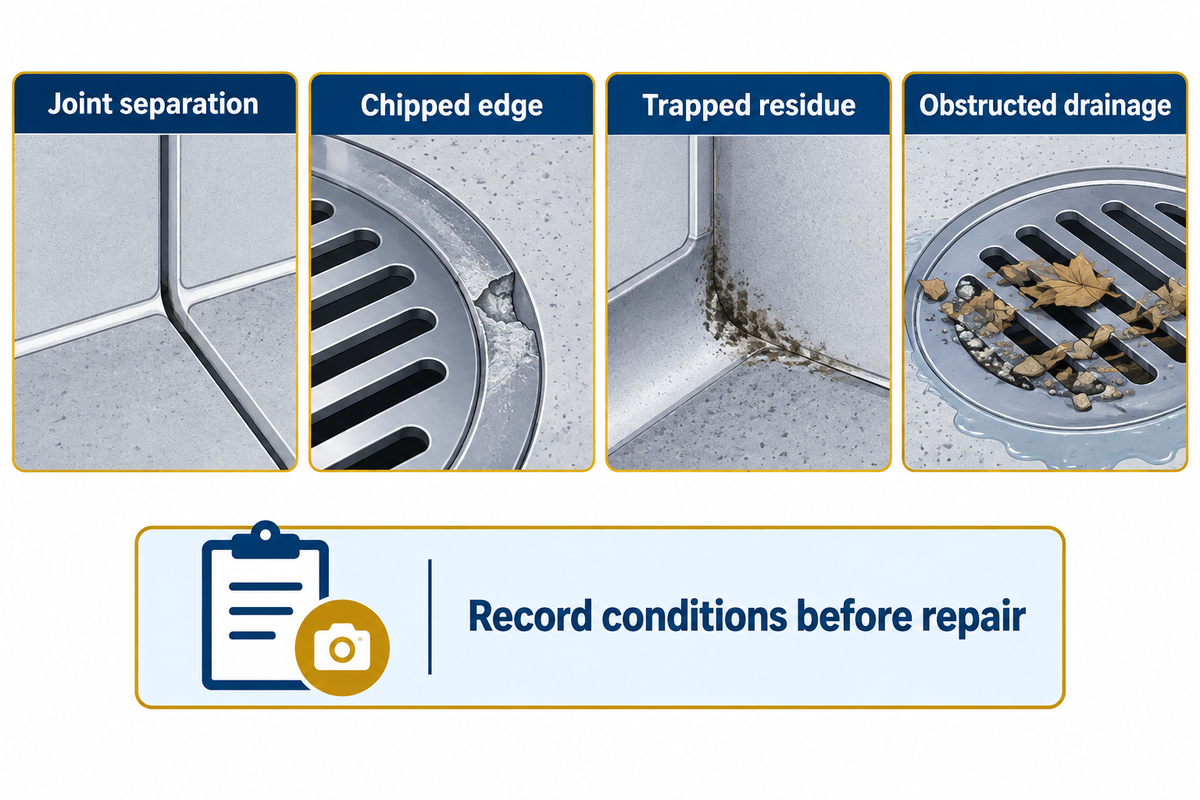 Inspect separation, edge damage, trapped residue and blocked drainage before repair; article synthesis.