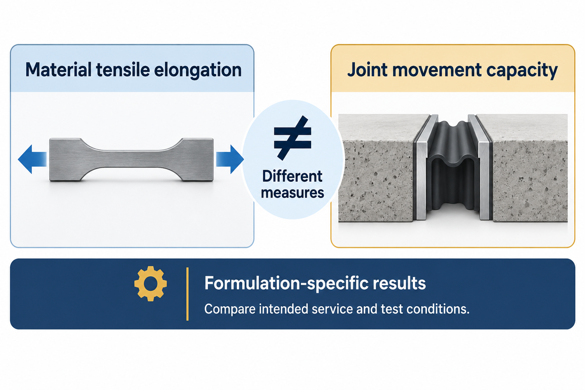 Material elongation differs from joint movement capacity; formulation-specific Evonik research in PCI.
