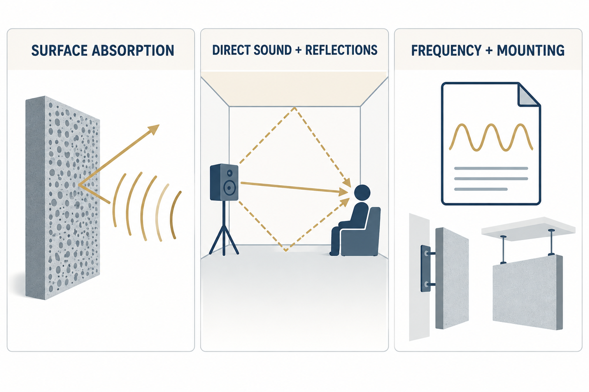 Absorption describes a tested surface; direct and reflected paths still determine the listener's sound field.
