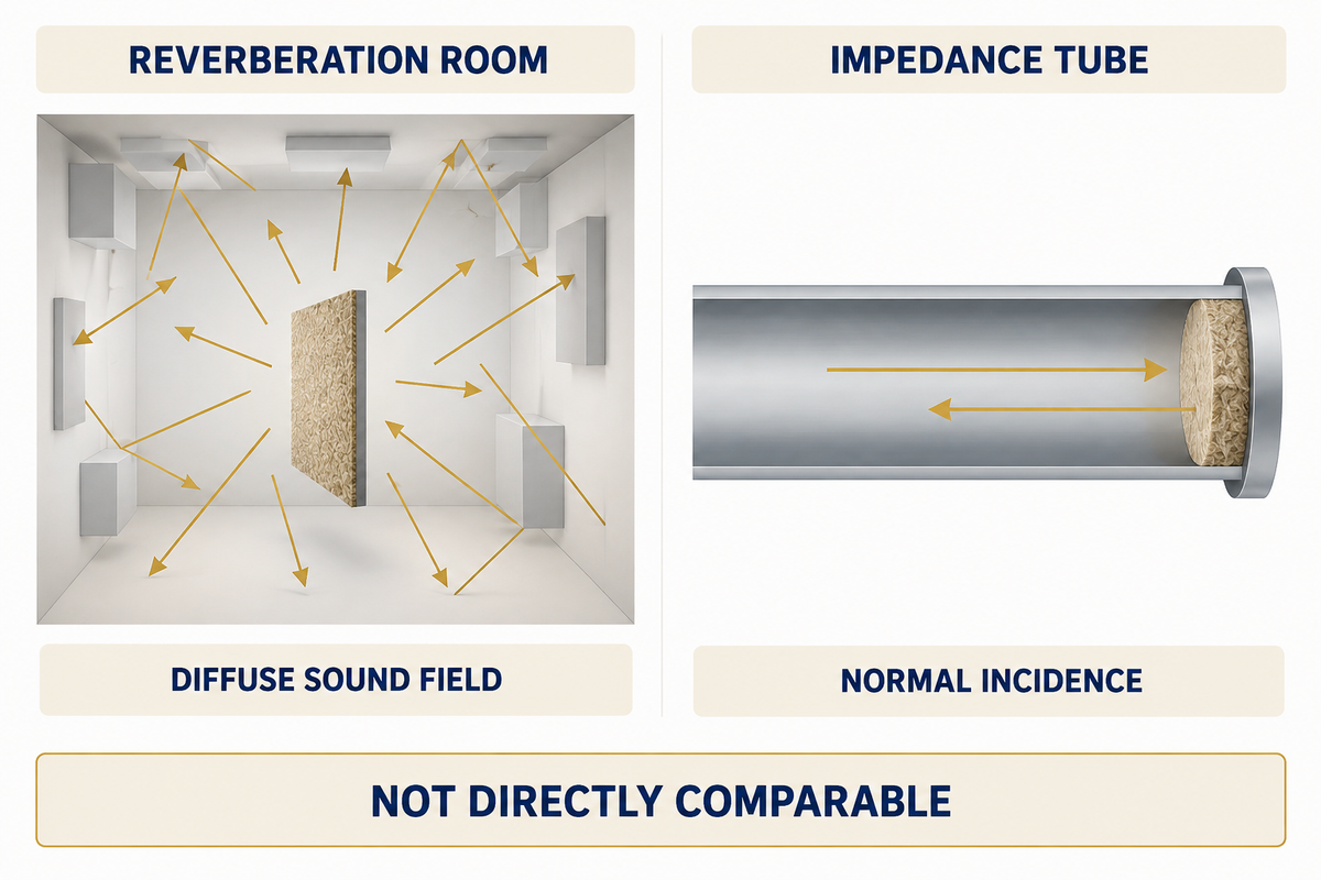 ISO 10534-2 distinguishes normal-incidence tube results from random-incidence reverberation-room results.