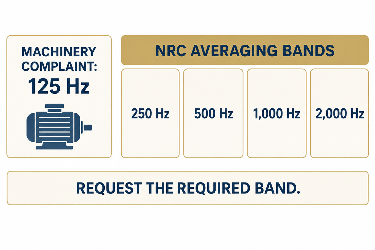 NRC averages 250, 500, 1000 and 2000 Hz; a 125 Hz complaint requires separate frequency data.