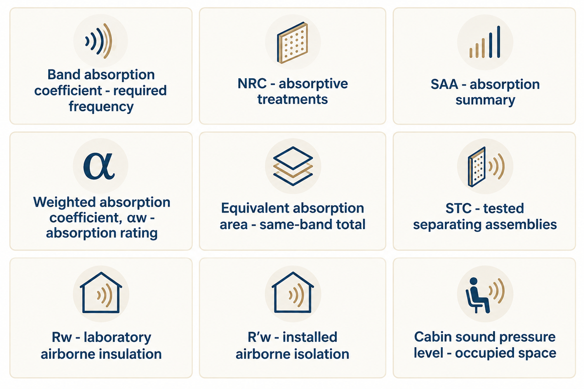 Absorption, airborne isolation and cabin sound pressure are separate quantities in ASTM and ISO reporting.