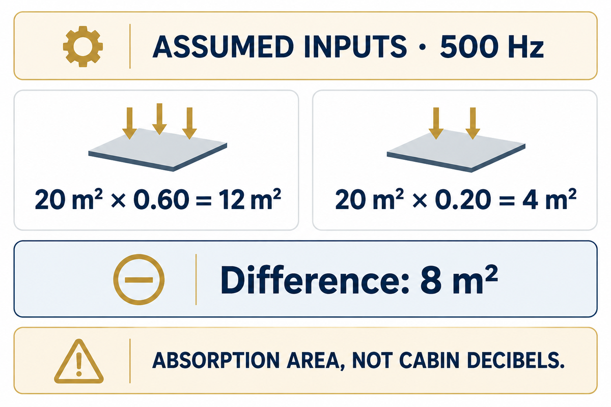 Assumed 500 Hz comparison: 20 m² at 0.60 gives 12 m² absorption area; 0.20 gives 4 m², not a dB result.