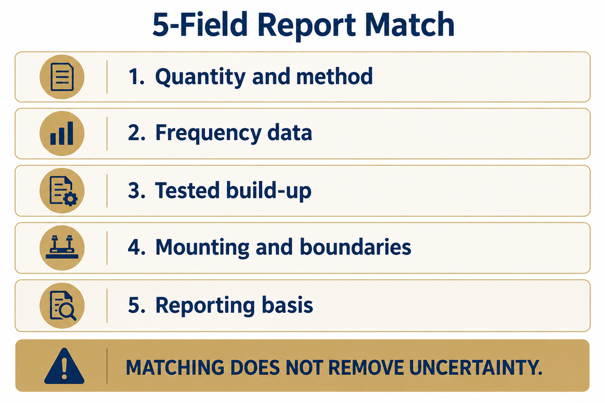 The 5-Field Report Match compares method, frequency, tested build-up, mounting and reporting basis.