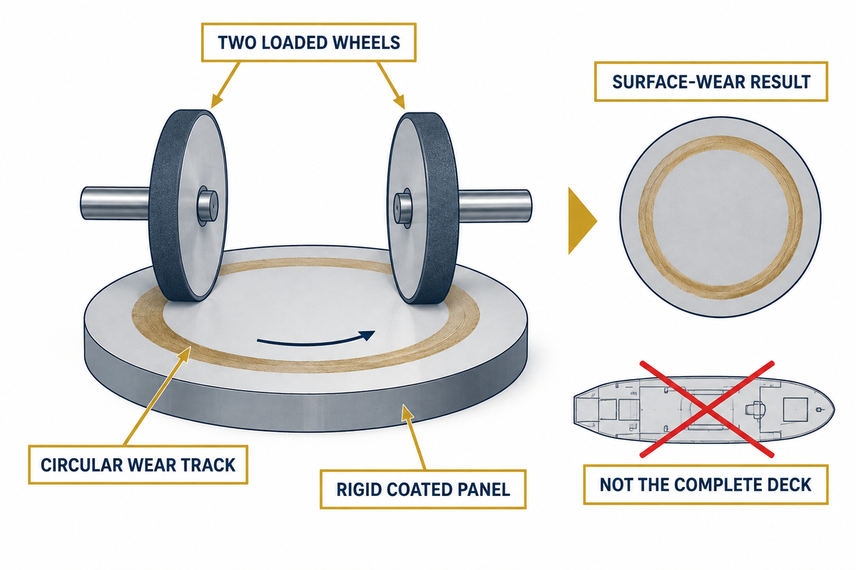 Two loaded wheels test a coated panel; surface wear is not whole-deck approval (ASTM D4060).