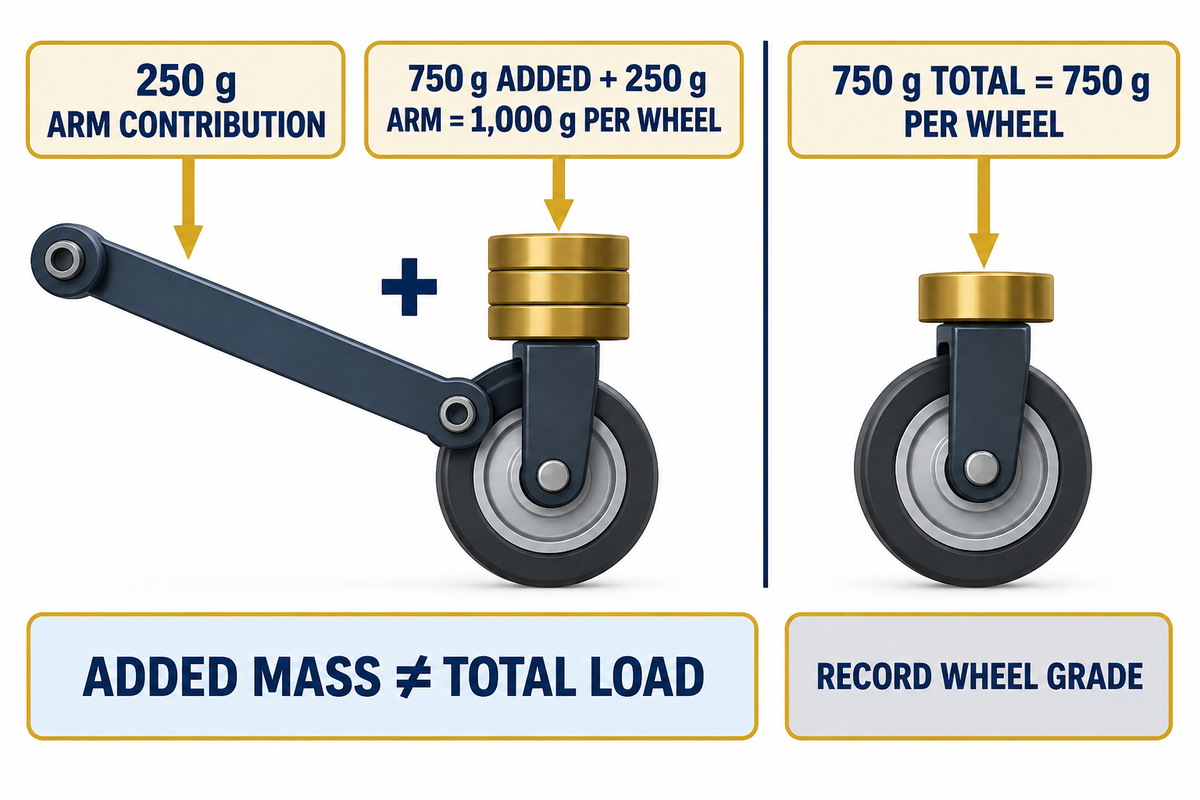 250 g arm + 750 g added = 1,000 g per wheel; 750 g total is different (Taber Industries).