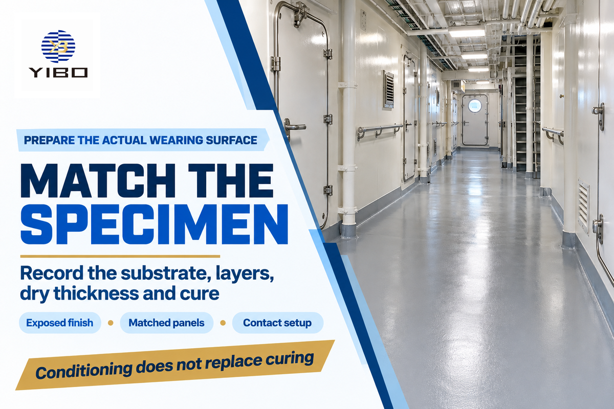 Match exposed finish, substrate, thickness and cure before testing (Taber preparation guidance).