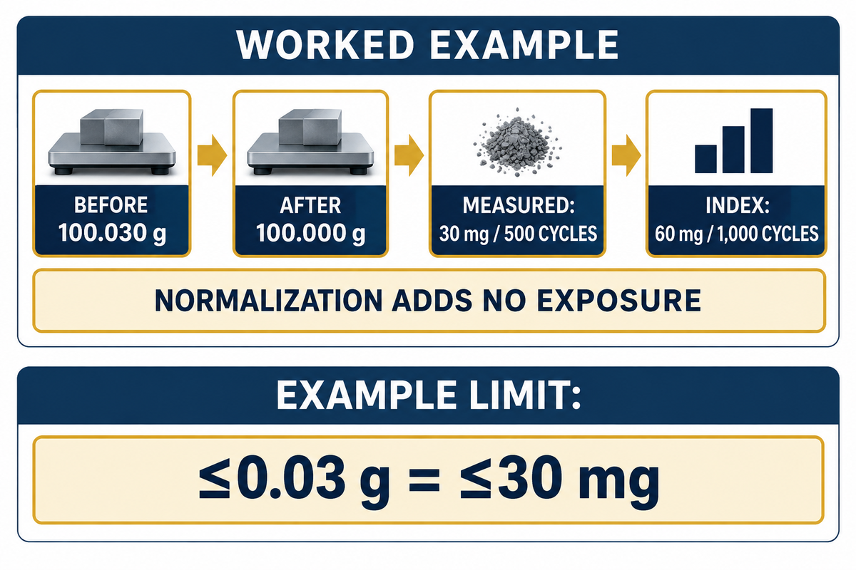 Worked example: 30 mg lost in 500 cycles gives 60 mg/1,000 cycles; a limit remains separate.