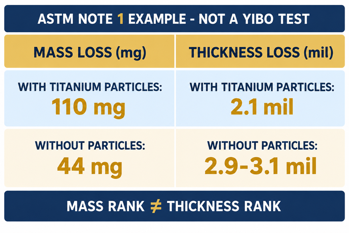 ASTM example: 110 mg/2.1 mil versus 44 mg/2.9-3.1 mil; mass and thickness rankings reverse.