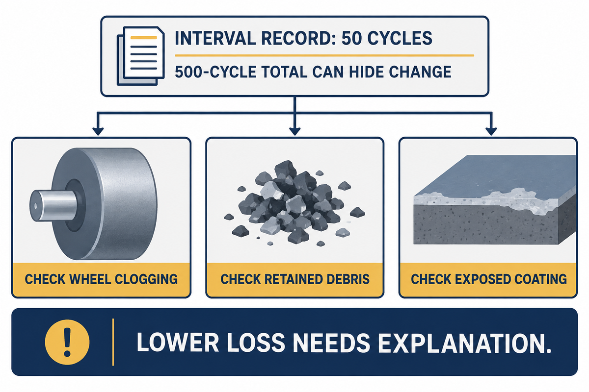 Check wheels, debris and coating when 50-cycle intervals reveal change (ASTM D4060 section 5.2).